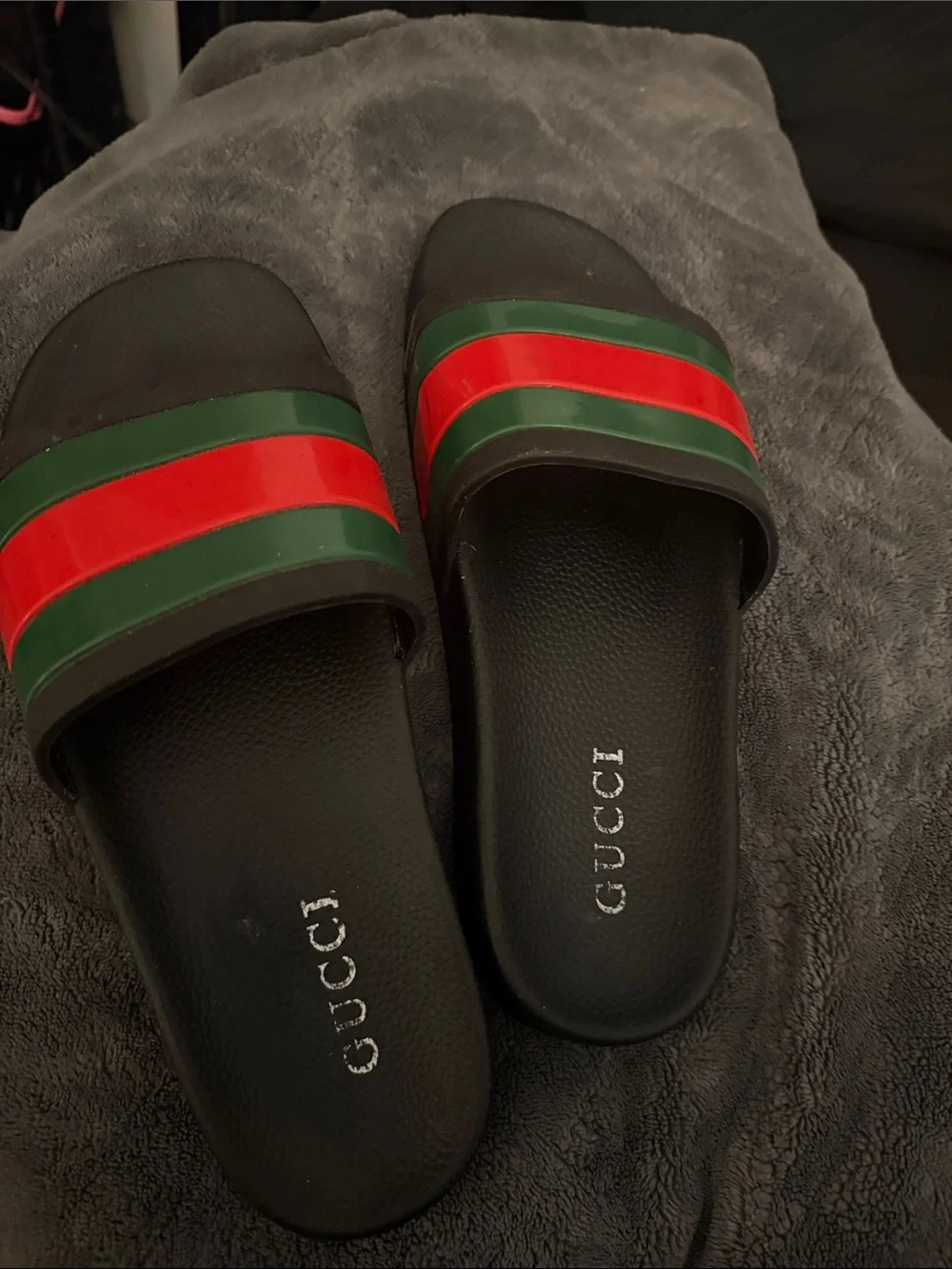 Gucci Black Slides with Red & Green Web Stripe